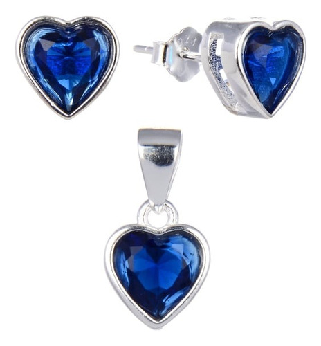 Juego De Corazon Azul 6mm En Plata 925