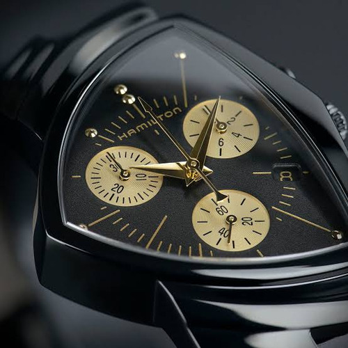 Reloj Hamilton Ventura L Chrono Quartz Unisex H24402730 Correa Negro Bisel Negro Fondo Negro