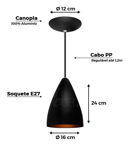 Imagem 4 de 4 de Kit 3 Pendente Cone Em Alumínio Alta Qualidade