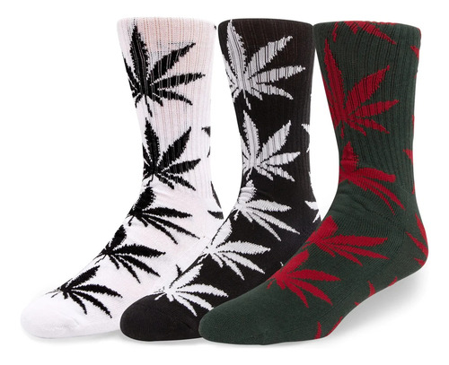 1 Par Calcetines Largos Huf Plantlife Unisex Skate Board Gym Gris Hoja Negra Estampado Unitalla