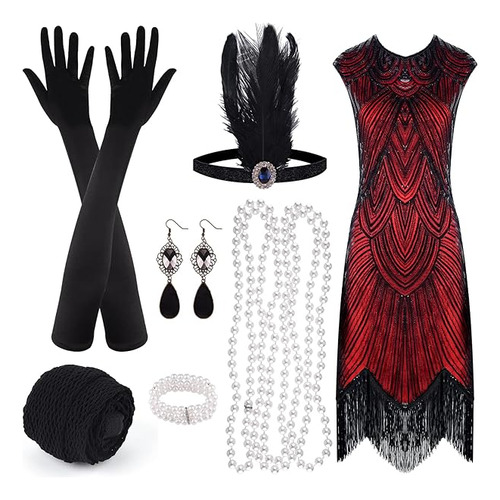 1920s Sequin Beaded Fringed Flapper Dress With 20s Set