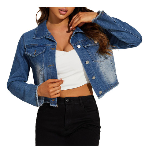 Chaqueta Vaquera Holgada Con Botones Y Manga Larga Para Muje
