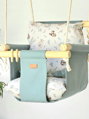 Hamaca Para Bebé Ivan - 6 Meses A 3 Años - Tela Y Madera Beige Con Diseños En Marrón Y Celeste