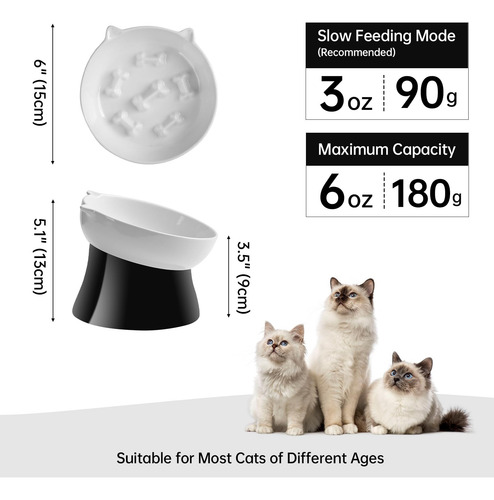 Comedero Lento Para Gatos Ptober, De Cerámica Elevada, Antiv