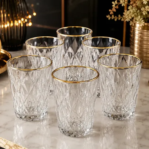 Jogo 6 Copos Altos Vidro 370ml Diamond Clear Borda Dourada Transparente Com Borda Dourada