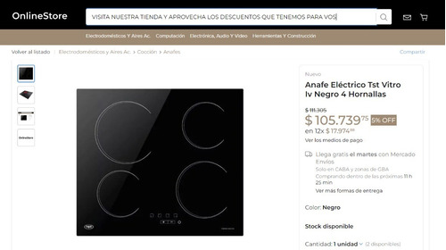 Imagen 3 de 4 de Anafe Eléctrico Tst Vitro Iv Negro 4 Hornallas