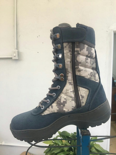 Bota Militar Táctica Gamuza Azul Y Lona Impermeable