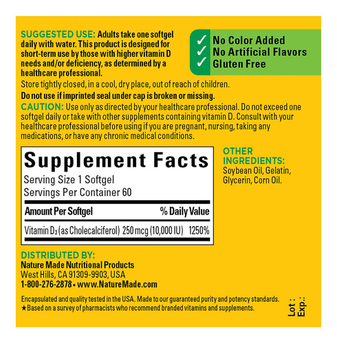 Suplemento Natural De Vitamina D3 10000 Ui (60 Cápsulas Gela