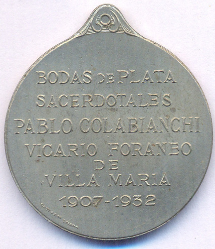 Medalla Córdoba Villa María Religión Cura Colabianchi 1932