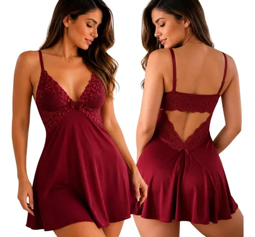 Camisola Sexy Renda Roupa De Dormir Costa Nua Pijama Sensual Rubro M