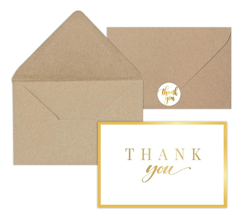 24 Gold Foil Thank You Cards With Kraft Envelopes And Sticke