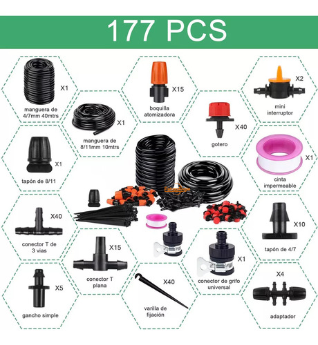 Kit Riego Goteo 40+10 Metros Ahorro Agua 177 Piezas