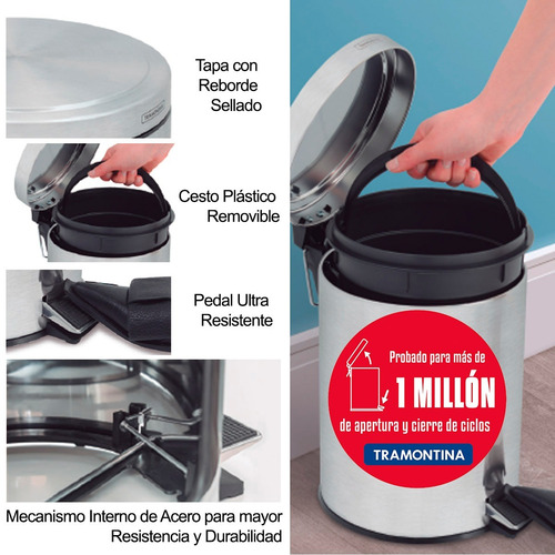 Cesto Tacho De Basura Tramontina de 30 litros de Acero Inoxidable Con Pedal