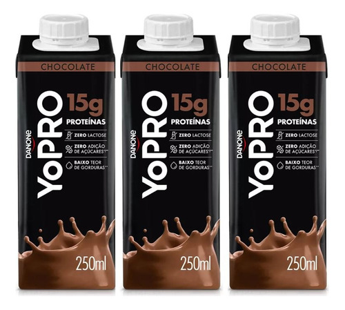 Kit C/ 3 Yopro Danone 250ml 15g Proteínas Chocolate Zero Lac