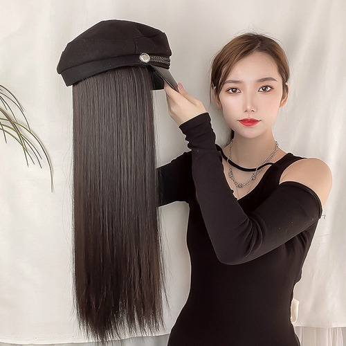 Peluca Larga Lacia Con Gorra, Negro, Para Mujer