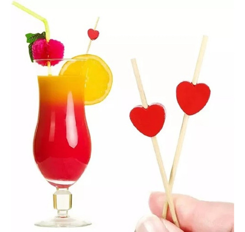 20 Espeto De Bambu Para Festas Drink Eventos Cor Vermelho Coração