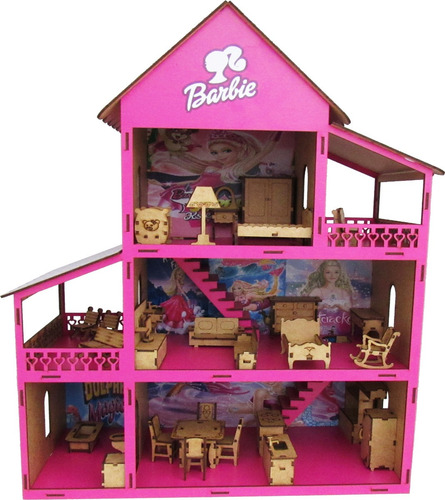 Casinha Casa De Boneca Barbie Mais 30 Móveis Tudo Já Montado