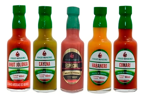 Molho Kit 5 Pimenta 60ml Bhut Jolokia Cayena Habanero Cumari