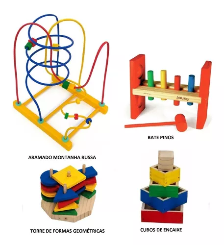 Kit com 4 Piões em Madeira colorido brinquedo educativo clássic