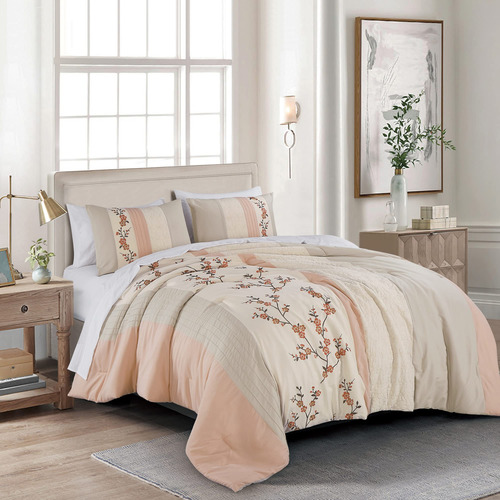 Juego De Edredón 7 Piezas Cama Matrimonial Florido Rubor Gri