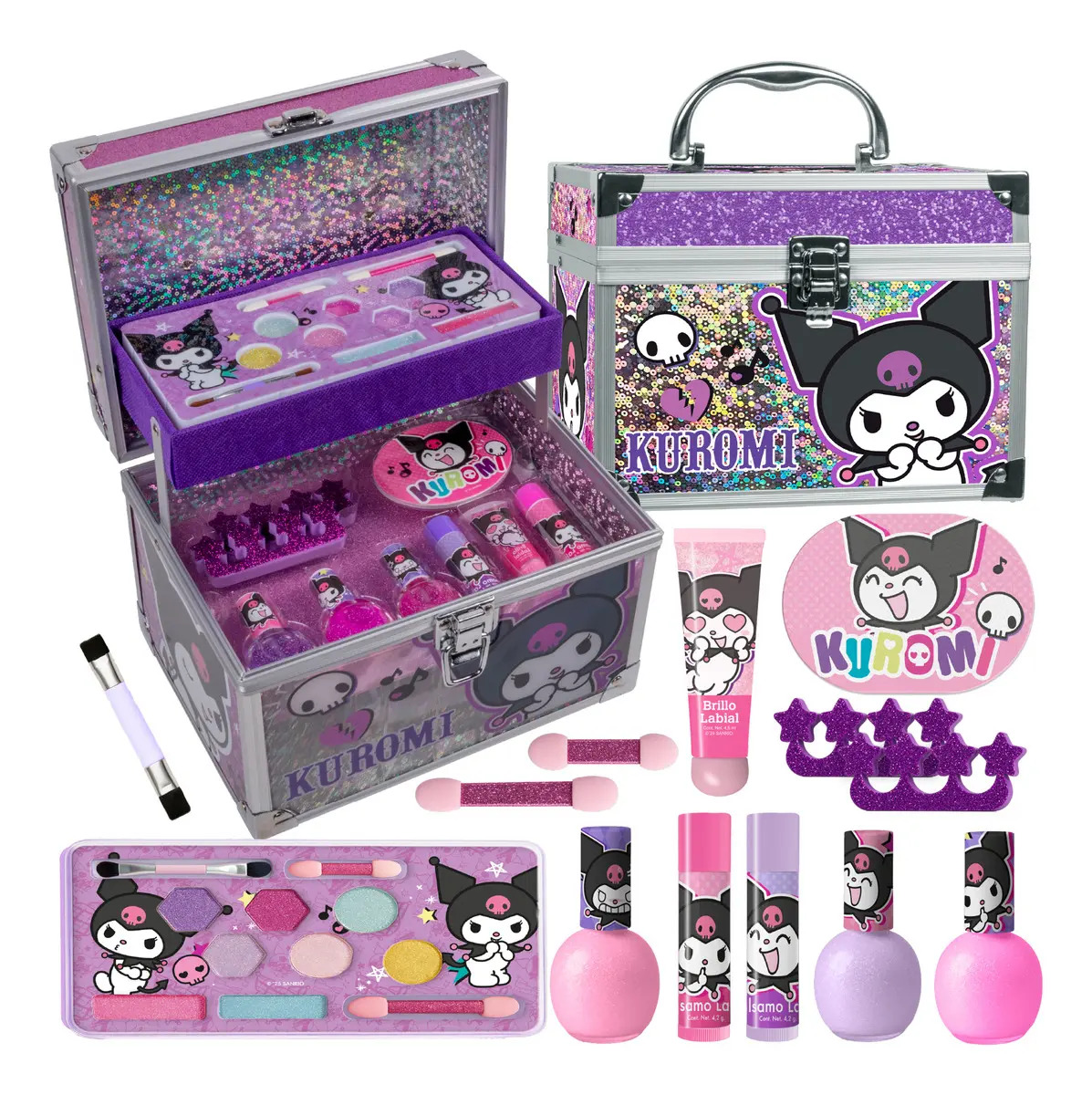 Makeuperia Maletín De Maquillaje Kuromi Sanrio Con Brillos, Sombras y Esmaltes Desprendibles, Cosméticos Infantiles No Tóxicos, Juego De Belleza Seguro Para Niñas