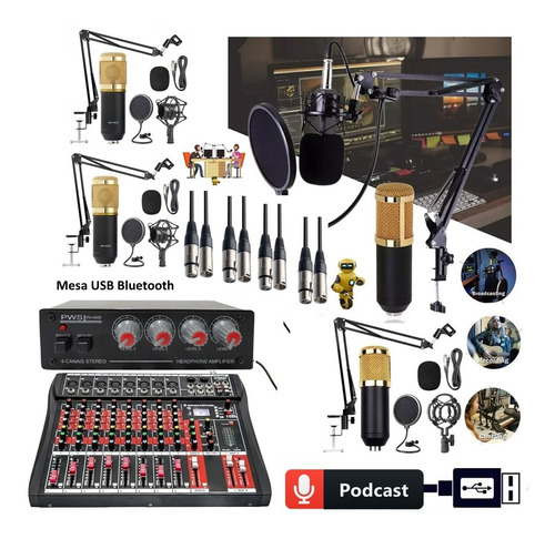 Imagem 1 de 8 de Kit Setup Bancada Podcaster 1 Interface Audio 4 Mic Bm800