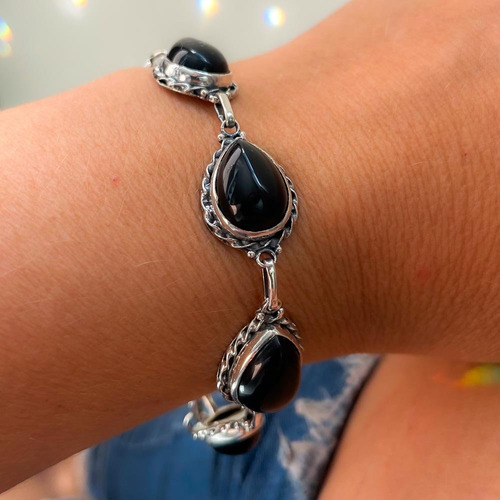 Pulseira Gotas Pedra Onix Prata De Bali 925