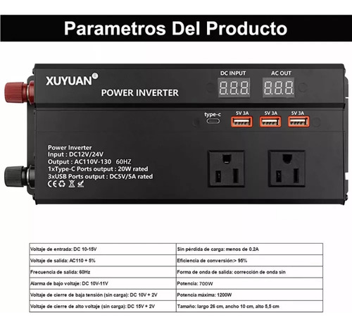 Inversor Coche 12v24v A 110v Pantalla Led 1200w 60hz