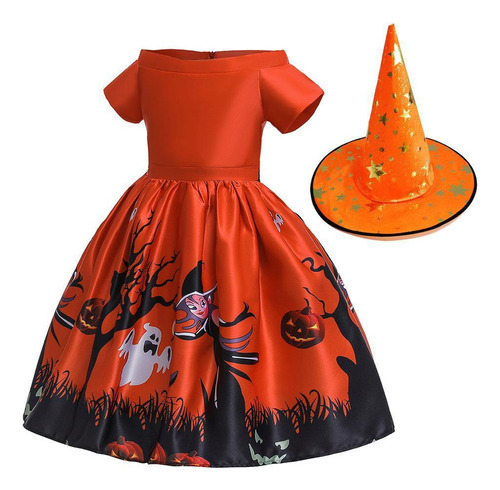 Halloween Vestido Infantil De Satén Con Estampado De Dibujos Animados Calabaza Spooky