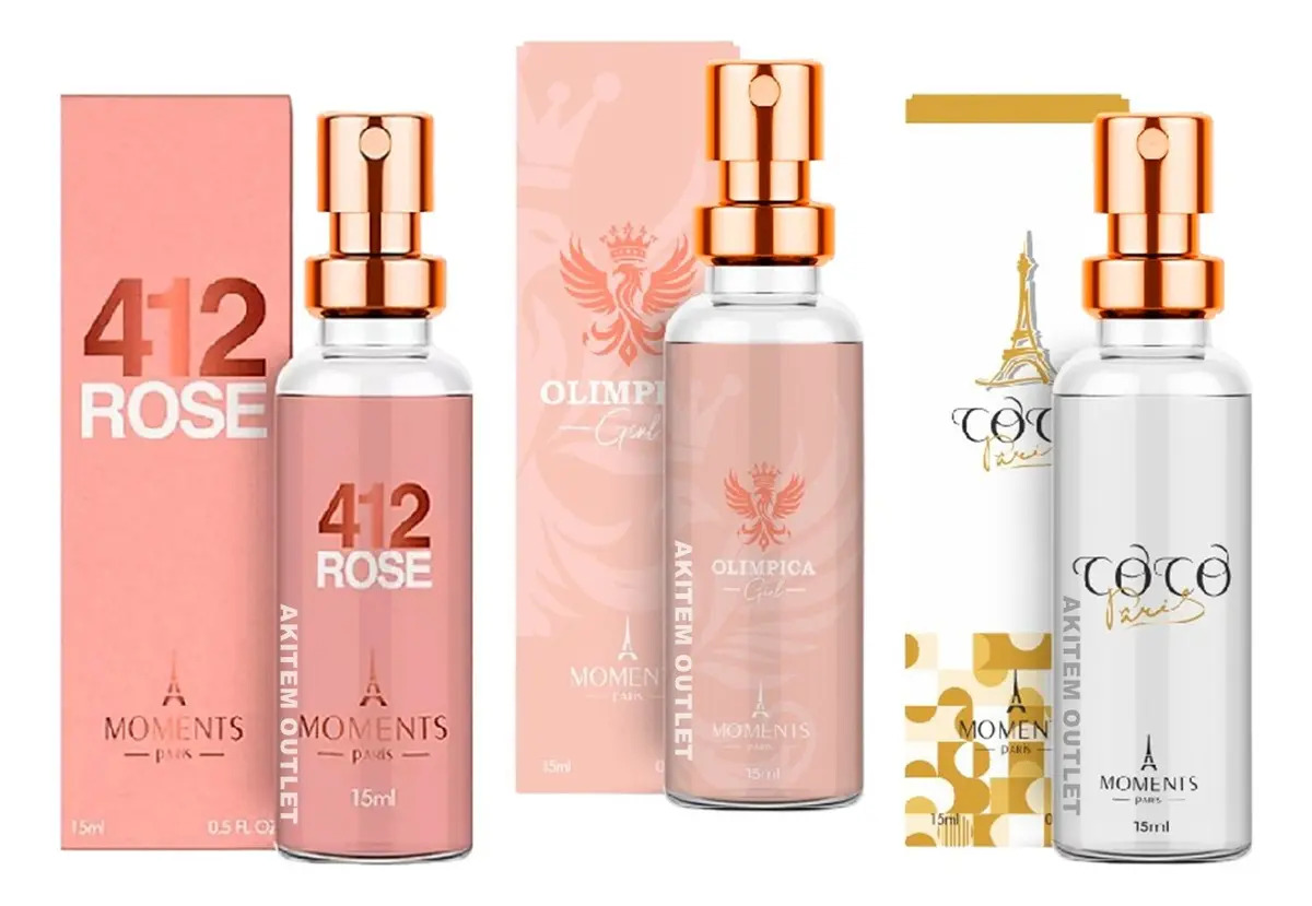 Kit com 3 Perfumes Femininos Inspire da Moments Paris: 412 Rose Vip, Olimpica Girl e Coco Paris Woman de 15ml