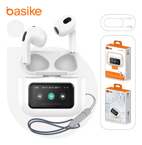Fone De Ouvido Bluetooth Sem Fio Tws In-ear Tela Touch Lcd Cor Branco Basike