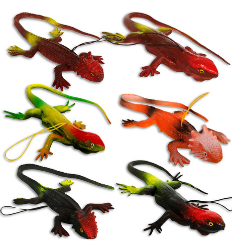 Largarto Borracha Miniatura Animal Iguana Com 6 Repteis