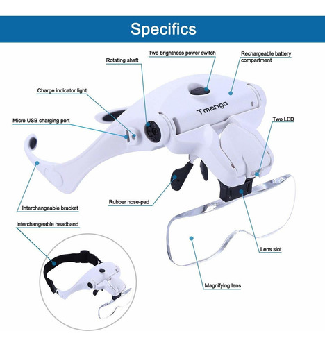 Tmango Cabeza De Montaje Lupa Con Luces Led, Recargable Auri
