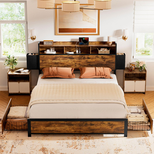 Base Cama Queen Size Con Cajones Y Luces Led Marrón Rústico
