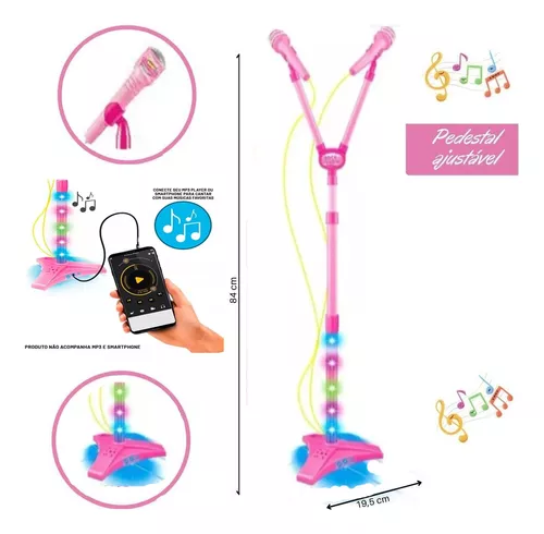 Microfone Infantil Brinquedo para Criança com Pedestal e conexão Mp3 para  Menina - Cor Rosa - Glumi