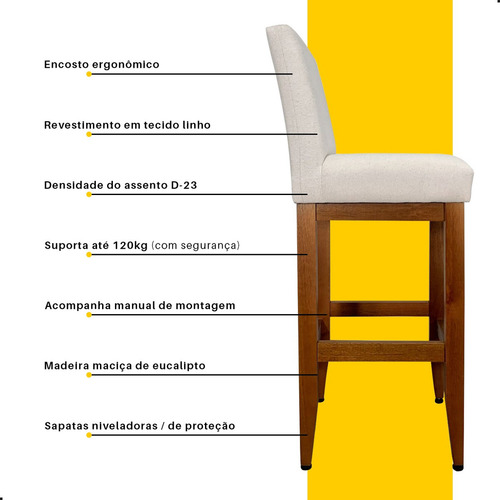 Kit 2 Banqueta Alta Com Encosto Lessul Jade Cor Linho Bege Assento 75cm Com Acabamento Verniz Canela 105cm Total Bancada Cozinha Americana Cadeira Alta Balcao Quiosque Bistro Banco Tamborete Gourmet