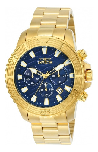 Reloj pulsera Invicta Pro Diver 24001 de cuerpo color oro, analógico, para hombre, fondo azul, con correa de acero inoxidable color oro, agujas color blanco y oro, dial blanco y oro, subesferas color azul, minutero/segundero blanco, bisel color oro