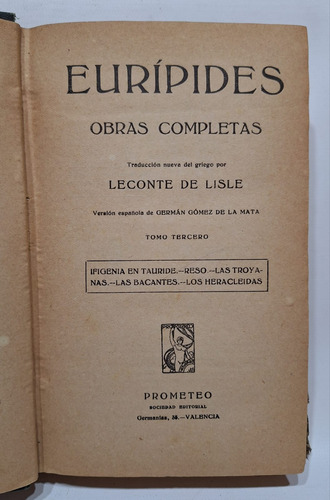 Antiguo Libro Eurípides Obras Completas Tomo Iii Le170 