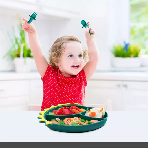 Plato de cena Platos de silicona para bebés, niños pequeños, plato de  autoalimentación para bebés con cuchara y tenedor de silicona, sin BPA,  diseño