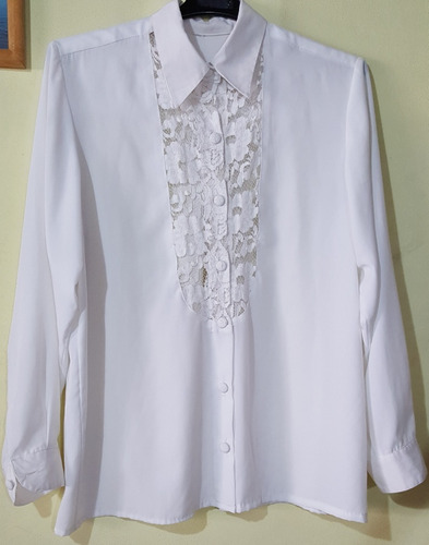 Blusa Camisa Seda Blanca Con Encaje Impecable