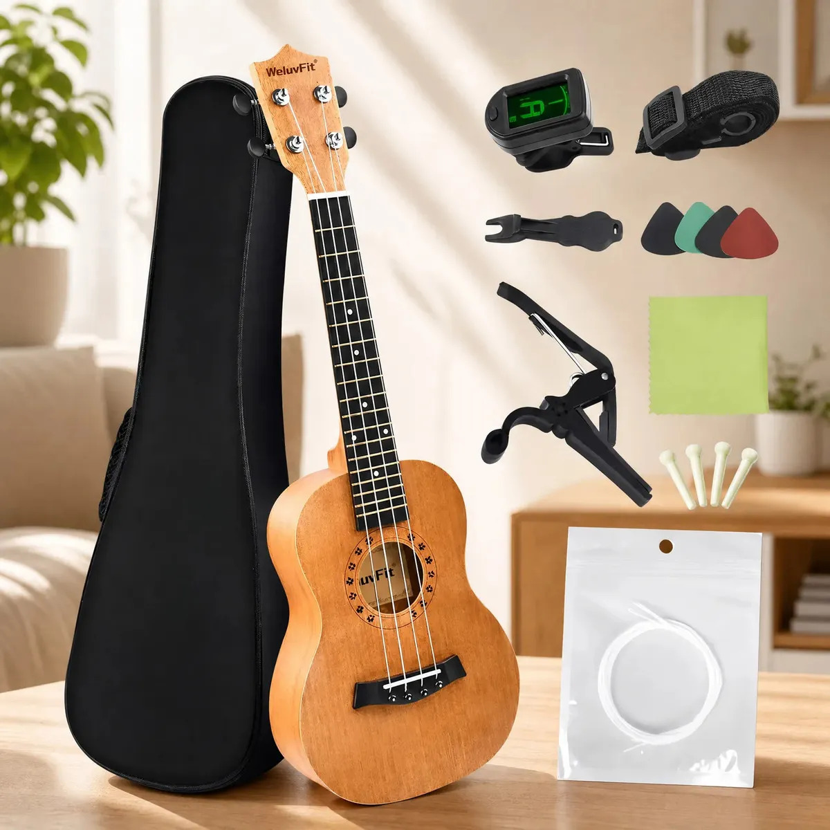 Kit De Soprano Concierto Acustico 23in Universal Ukelele Pro Y Con Bolsa Correa Cuerda De Nylon Afinador Púas Paño 16 Accesorio