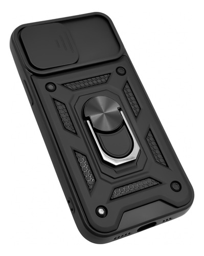 Funda Negra Para iPhone 12 (6.1) / 12 Pro (6.1) De Uso Rudo Con Protección Deslizable En Área De Cámara Y Anillo Metálico