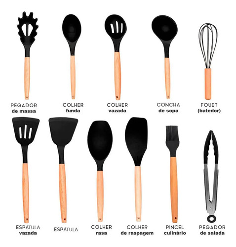 Kit 12 Utensílios Silicone Preto Com Cabo De Madeira