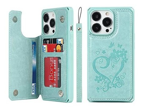 Funda Para iPhone 13 Pro Billetera Cuero Corazon Aqua