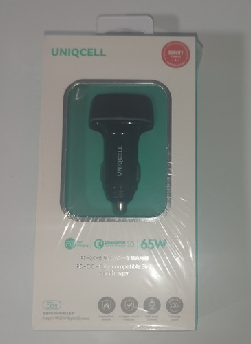 Uniqcelll 65 W 3 Puertos 2usb Y Usbc Cargador Carro Rápido