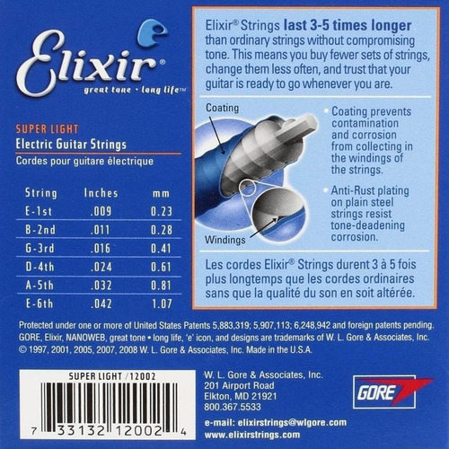 Imagem 3 de 3 de Encordoamento Elixir Cordas 0.9 Super Light Nanoweb Guitarra
