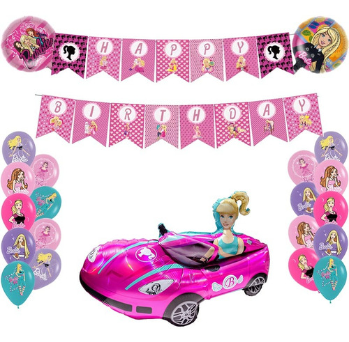 Set Decoración Globos Y Banderín Cumpleaños Barbie Y Auto