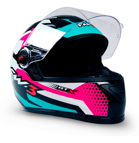 Capacete Fechado Moto Com Narigueira Gtn Azul Branco Rosa 56