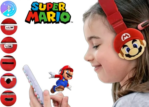 Audífonos De Diadema Mario Bros Bluetooth Niño Adulto Rojo