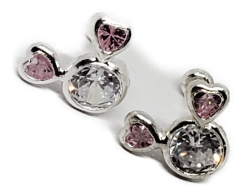 Aretes De Niña Mouse De Plata 925 +zirconia Rosa Mi6
